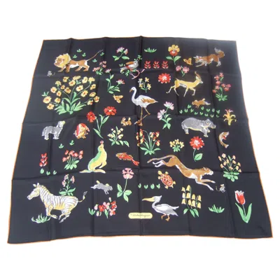 Pre-owned Ferragamo Salvatore  Italian Silk Hand Rolled Animal Floral Scarf 33 X 33.5 In Black
