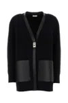 Ferragamo Wool Cardigan With Leather Trim And Pockets In Blue
