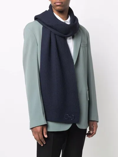 Pre-owned Ferragamo Salvatore  L108003 Mens Navy Mixed Rib Knit Wool Scarf One Size In Blue