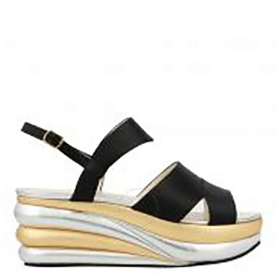 Ferragamo Salvatore  Ladies Creations Balance Wedges Sandals In Black/gold/silver