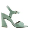 FERRAGAMO SALVATORE FERRAGAMO LADIES SCULPTED HEEL LEATHER SANDALS IN GREEN