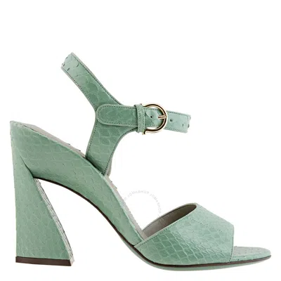 Ferragamo Salvatore  Ladies Sculpted Heel Leather Sandals In Green