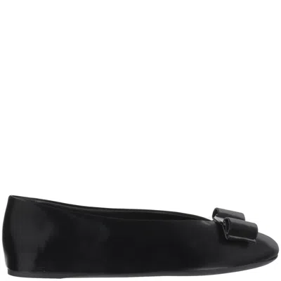 Ferragamo Salvatore  Leather Bow Ballerina Flats In Black