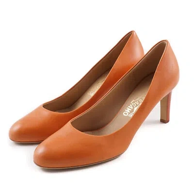 Pre-owned Ferragamo Salvatore  'leo' Orange 'saddle Soft' Calf Leather Pumps 10.5b $650