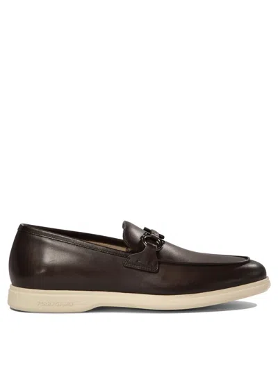 Ferragamo Buckle Loafers With Almond Toe And Metal Hardware In Brown