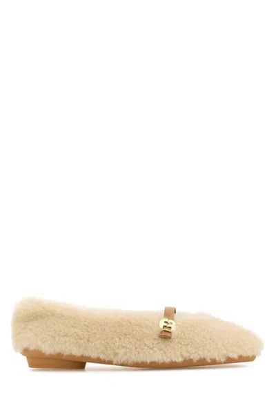 Ferragamo Ivory Shearling Noella Ballerinas In Beige