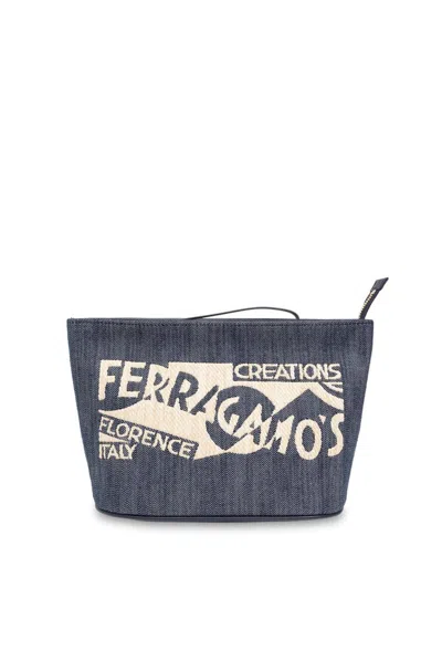 Ferragamo Salvatore  Logo Embroidered Clutch Bag In Blue/neutrals