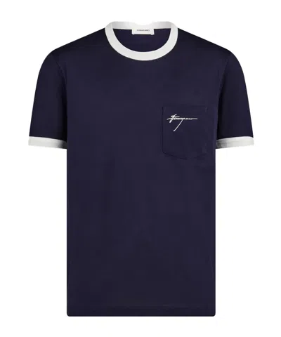 Ferragamo Salvatore  Logo Embroidered Crewneck T-shirt In Black