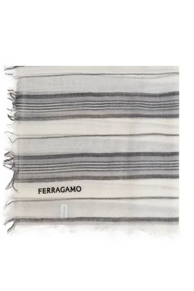 Ferragamo Salvatore  Logo Embroidered Striped Fringed Scarf In Multi