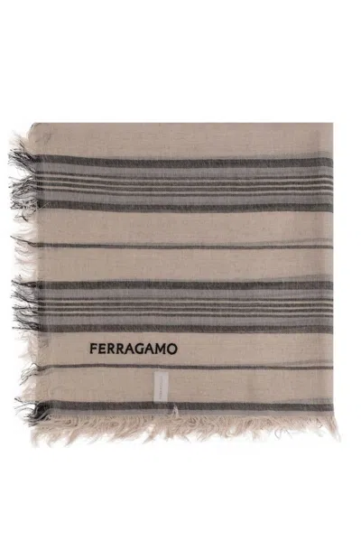 Ferragamo Salvatore  Logo Embroidered Striped Fringed Scarf In Multi