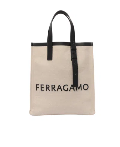 Ferragamo Canvas Tote Bag With Logo In Beige