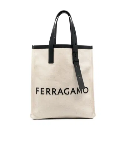 Ferragamo Salvatore  Logo Patch Top Handle Tote Bag In Nude