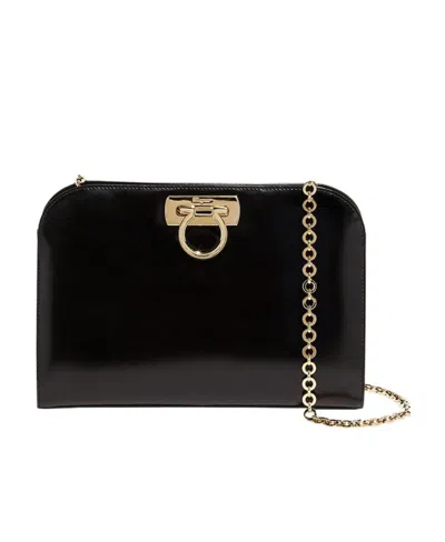 Ferragamo Salvatore  Logo Plaque Chain Linked Clutch In Black