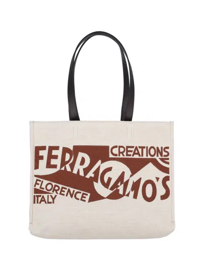 Ferragamo Salvatore  Logo Printed Tote Bag In Beige