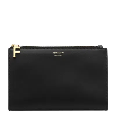 Ferragamo Black Leather Clutch In Nero