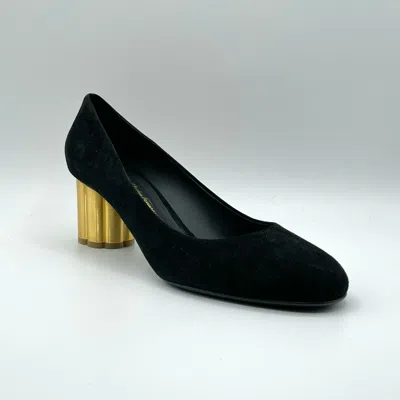 Pre-owned Ferragamo Salvatore  Lucca 55 Women's Black Suede Pump With Gold Heel 671016