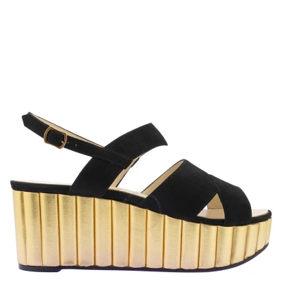 Ferragamo Salvatore  Mae 1930s Suede Wedge Sandals In Black/gold