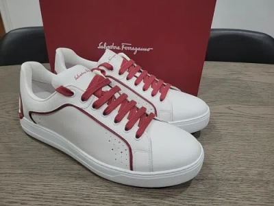 Pre-owned Ferragamo Salvatore  Manhattan White Red Leather Men Sneaker Shoes Gancini 11