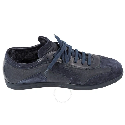 Ferragamo Salvatore  Men's Benbow Low Top Suede And Leather Sneakers In Blue