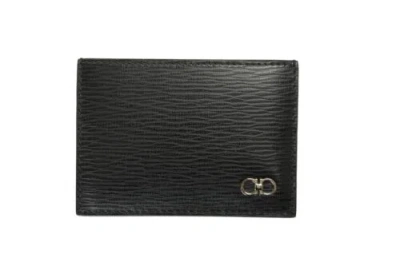 Pre-owned Ferragamo Salvatore  Men's Black 100% Textured Pebbled Leather Card Case