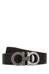 Ferragamo Adjustable Reversible Leather Belt With Textured Finish In Black
