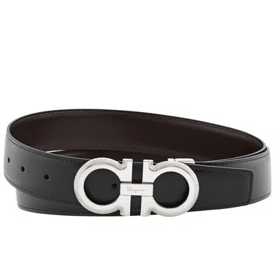 Ferragamo Reversible Embossed Gancini Leather Belt In Deep Ocean Nero