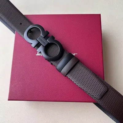 Pre-owned Ferragamo Salvatore  Men's Double Gancini Black Buckle Leather Belt In Brown/black