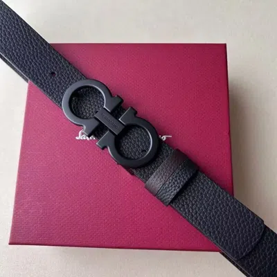 Pre-owned Ferragamo Salvatore  Men's Double Gancini Buckle Leather Belt In Black