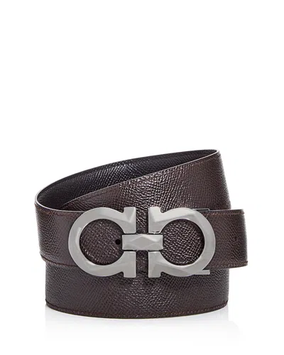 Ferragamo Salvatore  Men's Double Gancini Reversible Pebbled Leather Belt In Black/brown