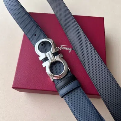 Pre-owned Ferragamo Salvatore  Men's Double Gancini Silvery Buckle Leather Belt