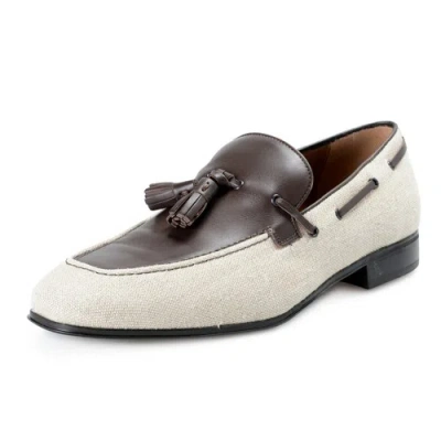 Pre-owned Ferragamo Salvatore  Men's Faggio 4 Beige Canvas Leather Penny Loafers Shoes 10.5 In Brown / Dark Brown