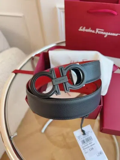 Pre-owned Ferragamo Salvatore  Men's Gancini Black/red Leather Belt- Black Buckle
