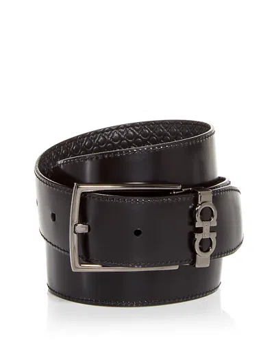 Ferragamo Salvatore  Men's Gancini Embossed Reversible Leather Belt In Nero