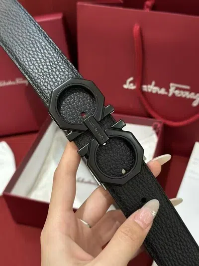 Pre-owned Ferragamo Salvatore  Men's Gancini Leather Belt- Black Buckle