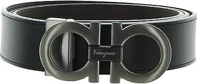 Pre-owned Ferragamo Salvatore  Men Leather Reversible Silver Buckle Belt With Sheen For