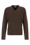 Ferragamo Earthy Ribbed V-neck Wool Sweater In Brown