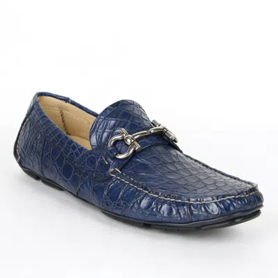 Pre-owned Ferragamo Salvatore  Men's Parigi Dark Blue Crocodile Horsebit Loafer 448951