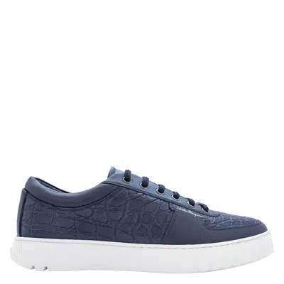 Pre-owned Ferragamo Salvatore  Men's Scuby Blue Marine Croco Leather Low-top Sneakers,