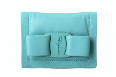 Pre-owned Ferragamo Salvatore  Men's Turquoise Logo Print 100% Leather Card Case In Blue