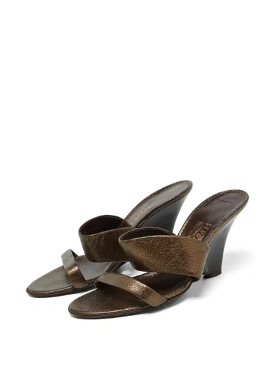 Pre-owned Ferragamo Salvatore  Metallic Brown Leather Slide Wedge Sandals Size 41