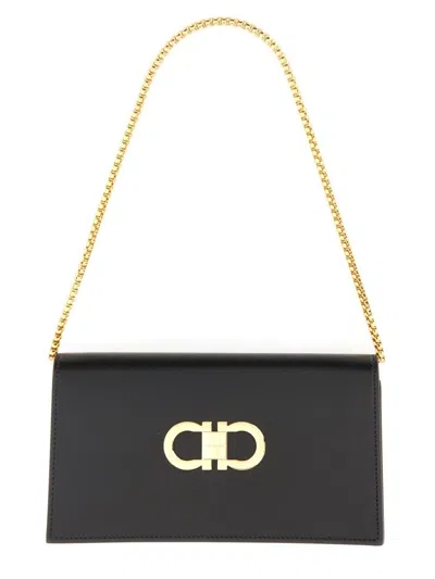 Ferragamo Mini Bag With Gold-tone Clasp And Chain Strap In Black