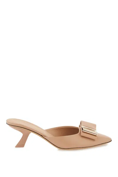 Ferragamo Double Bow Leather Mules In Beige