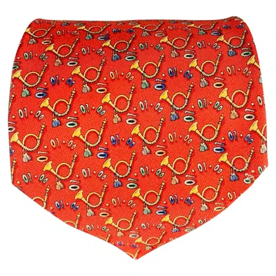 Pre-owned Ferragamo Salvatore  Musical Horns Red Yellow Print Silk Tie