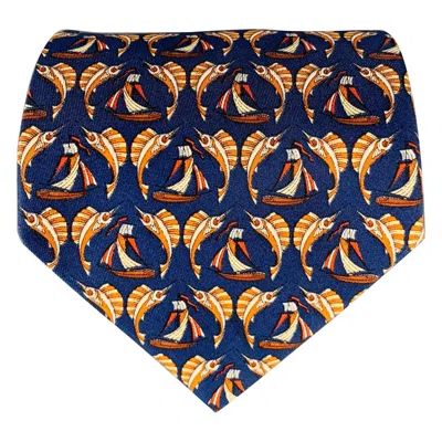 Pre-owned Ferragamo Salvatore  Navy Orange Swordfish Nautical Silk Tie