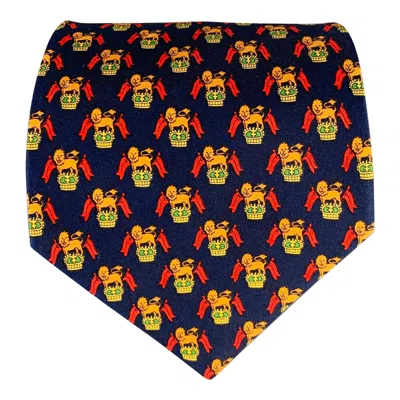 Pre-owned Ferragamo Salvatore  Navy Red Orange Lion Crest Silk Tie