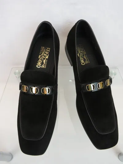 Pre-owned Ferragamo Salvatore  Night Black Suede Gold Vara Chain Penny Loafers 8 Ee