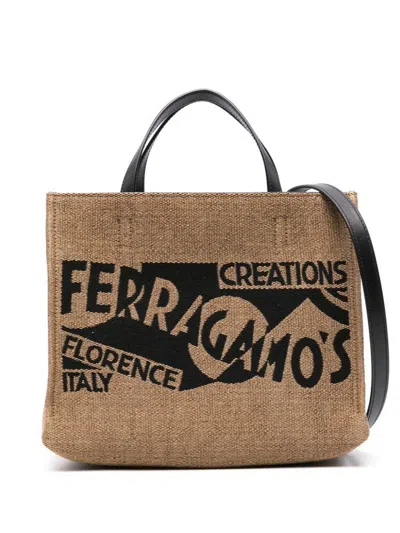 Ferragamo Chic Raffia Handbag With Embroidered Detail In Tan