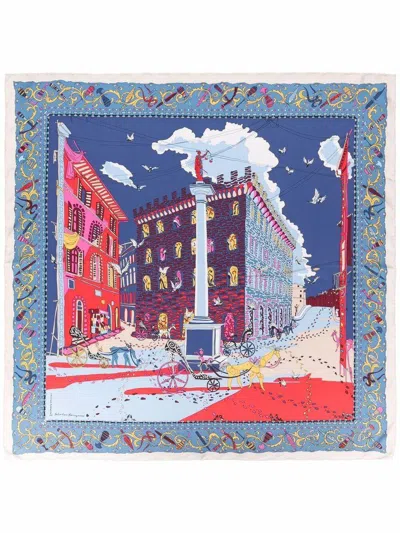 Ferragamo Palazzo Spini Feroni Print Silk Foulard In Blue