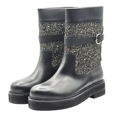 Pre-owned Ferragamo Salvatore  Paris Embellished Moto Boots Leather In Black
