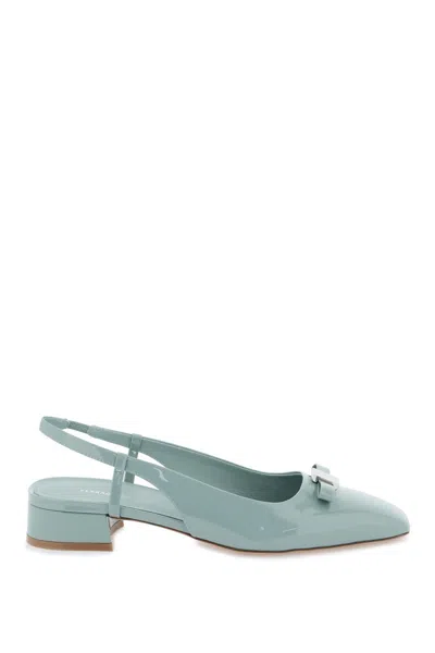 Ferragamo Patent Leather Slingback Pumps With Iconic Bow In Green